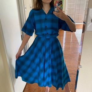 Vintage 80s Does 50s Blue Plaid Shirt Dress Alison Peters